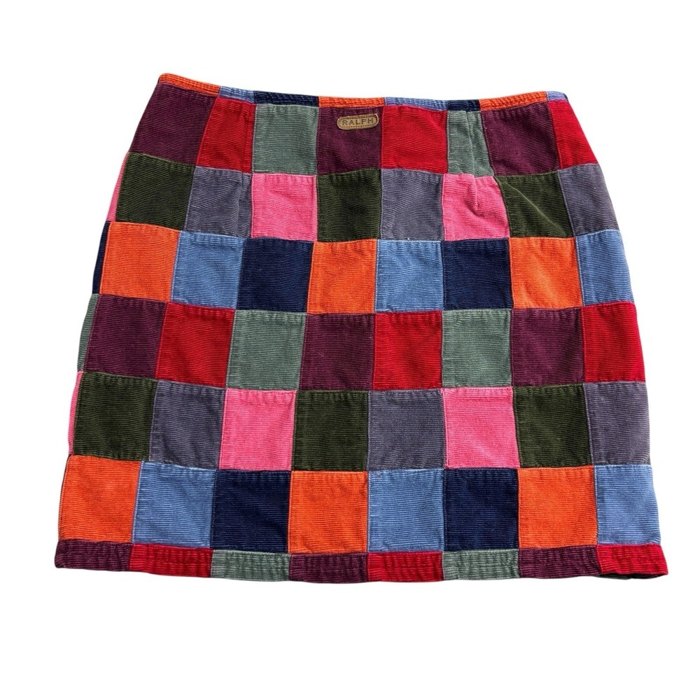 Vintage 90s Ralph Lauren Corduroy Patchwork Mini Skirt Women's Size 8 Colorful - Picture 2 of 9